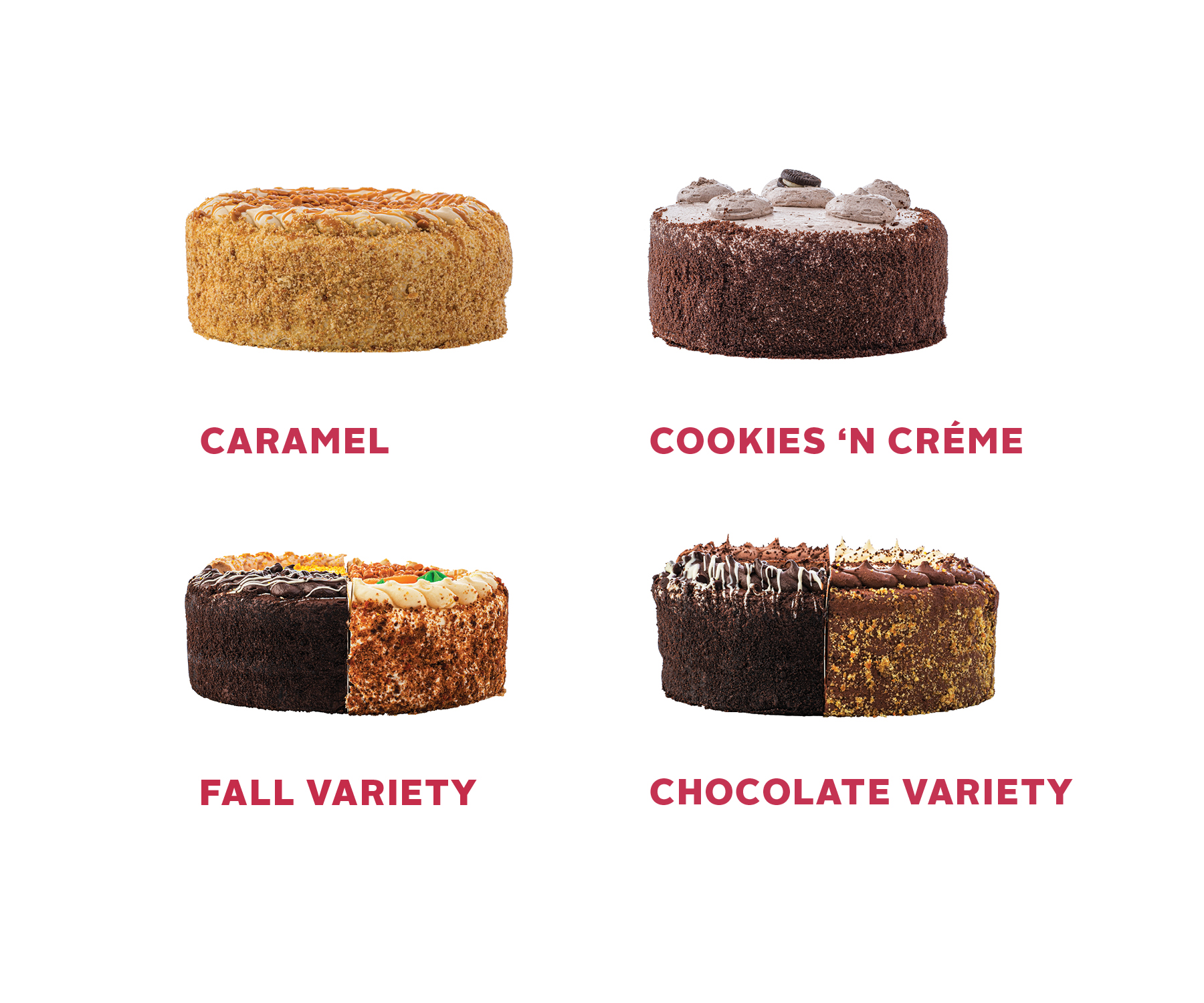Caramel, cookies 'n creme, fall variety, and chocolate variety cakes