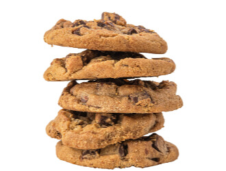 Stack of five chocolate chunk cookies.