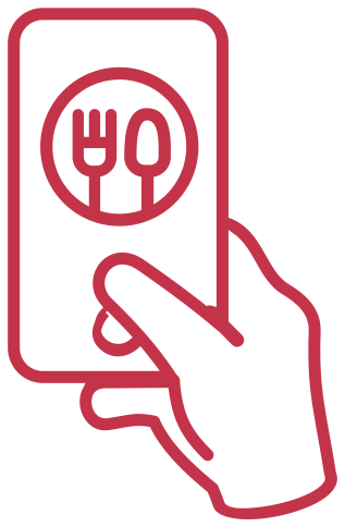 An illustration of a hand holding a phone with a fork and spoon image on the screen