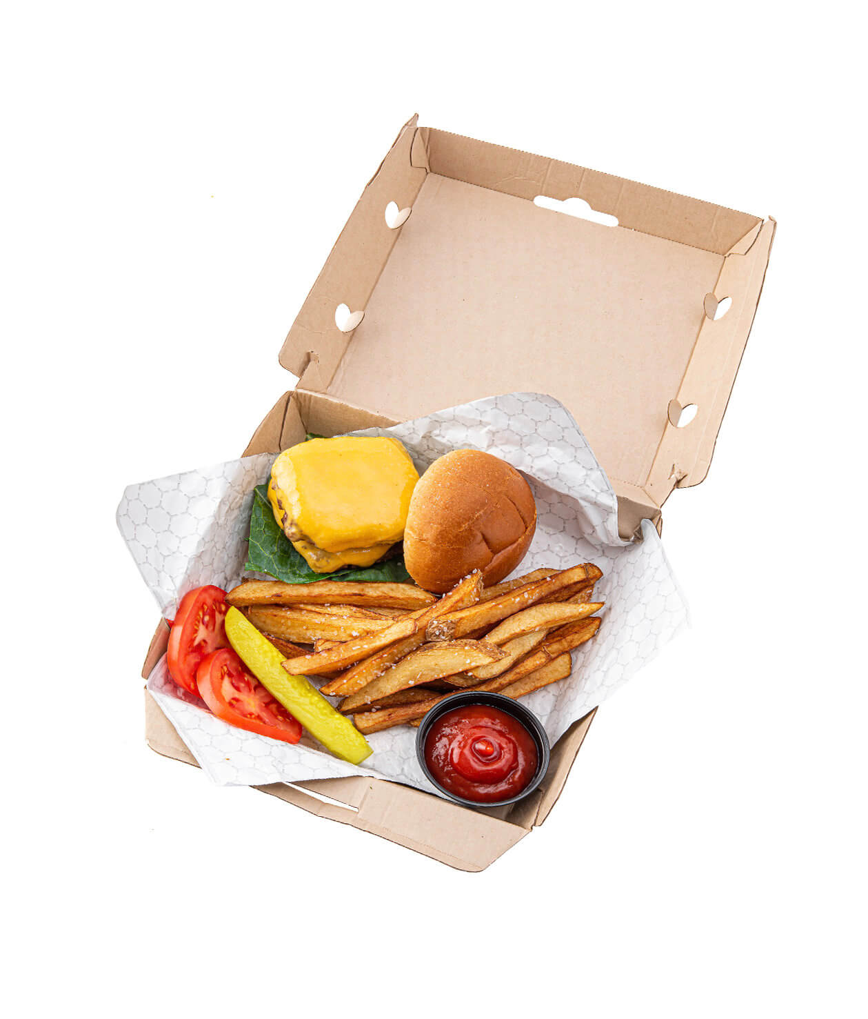Cheeseburger and fries in a to-go box