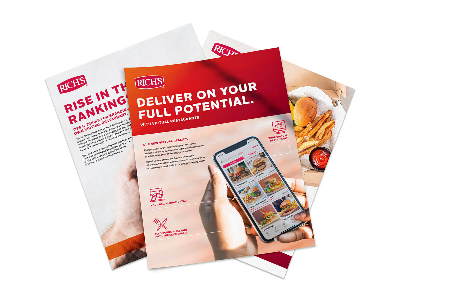 Three pages showing tips and information from a Rich's virtual restaurants guide