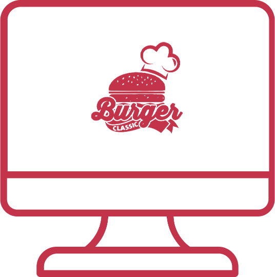 An illustration of a computer with the Burger Classic logo in the center