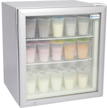 Small refrigerator filled with cups of different shakes