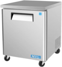 Small silver undercounter freezer on wheels