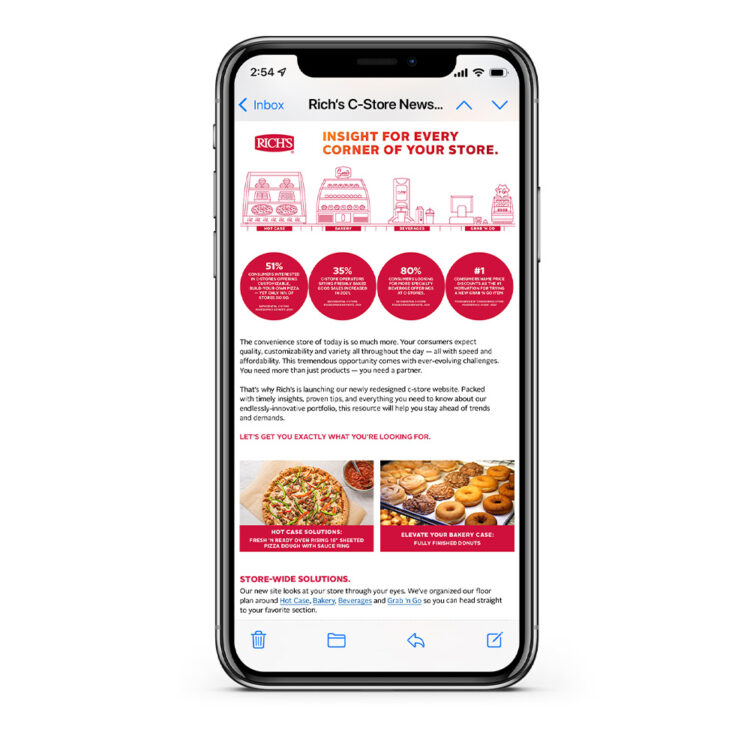 An iPhone with a section of the Rich's C-Store News page on the screen
