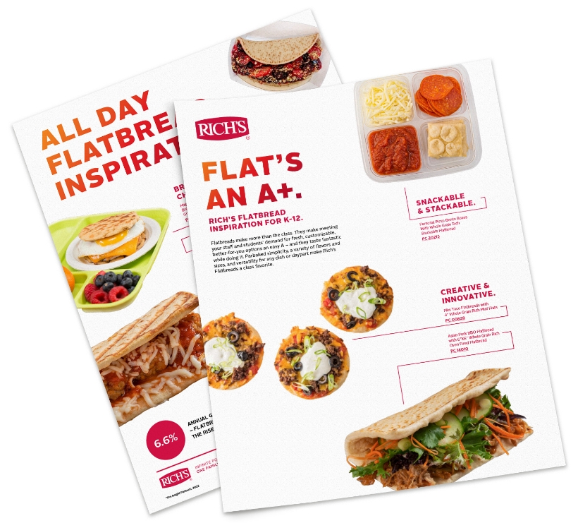 Two pages from an inspiration guide showing flatbread ideas for k-12