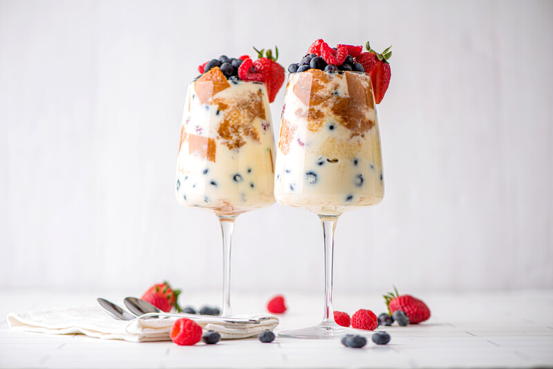 TRES LECHES BERRY CAKE​ in wine glasses