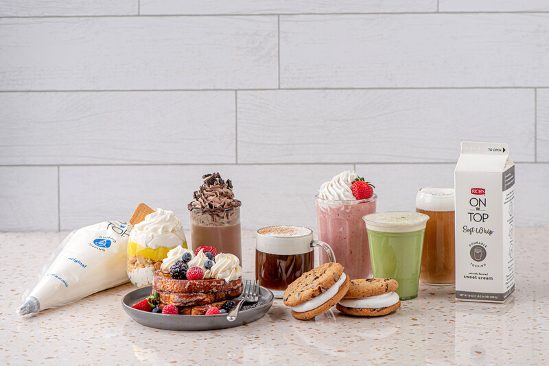 Food and drinks with on top soft whip and whipped topping