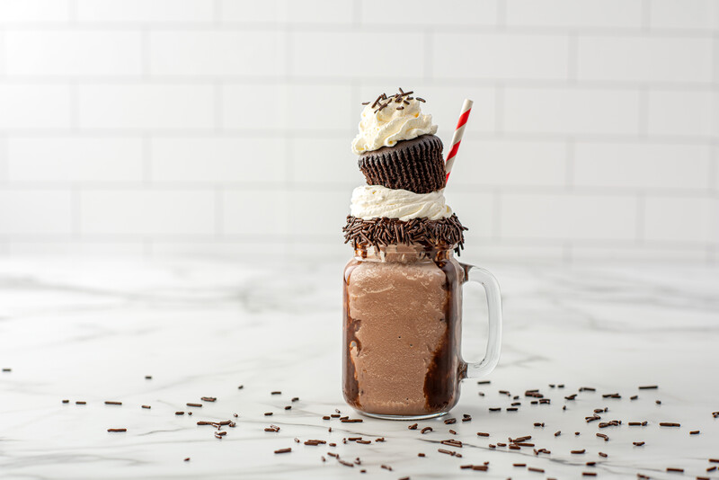 F'real Cake-rageous Freakshake using f'real chocolate milkshake