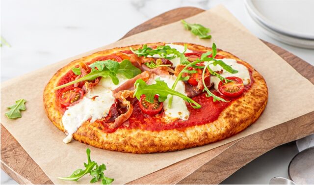 Burrata, Cherry Tomato and Prosciutto Pizza on Gluten-Free Cauliflower Pinsa