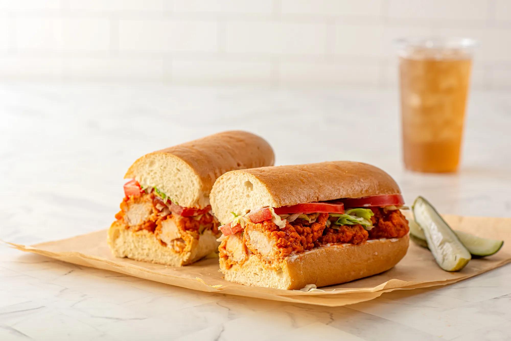 Chicken Finger Sub with Pickles and a Drink