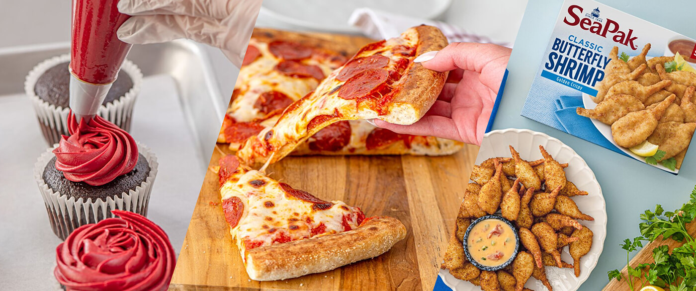 pizza, natural red bettercreme, and seapak shrimp in a collage.