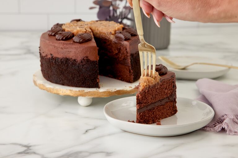 7 in. double-layer German chocolate cake featuring rich chocolate cake layers filled and frosted with chocolate icing. The cake is topped with a traditional coconut pecan topping and finished with decorative chocolate frosting swirls around the edge. Styled on a marble surface with a cake stand, dessert plates, gold forks, a decorative potted plant, and a soft mauve linen napkin. Additional images showcase the whole cake, a thawed presentation on its bakery tray, and a plated slice highlighting the layered chocolate cake, creamy frosting, and coconut pecan topping. Ideal for celebrations, birthdays, gatherings, holidays, and everyday dessert occasions.
